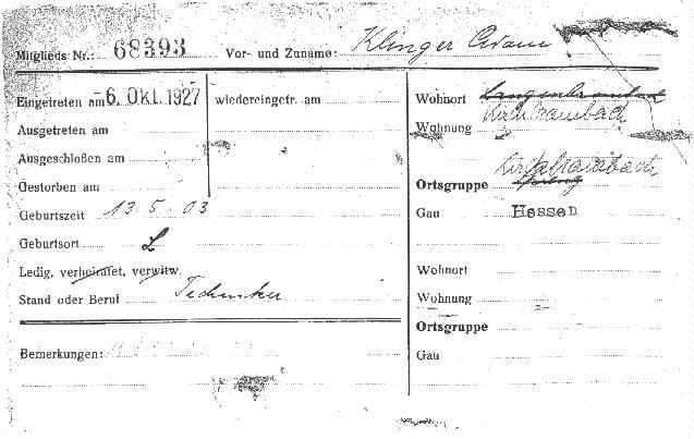 NSDAP Party Record Card - 68393